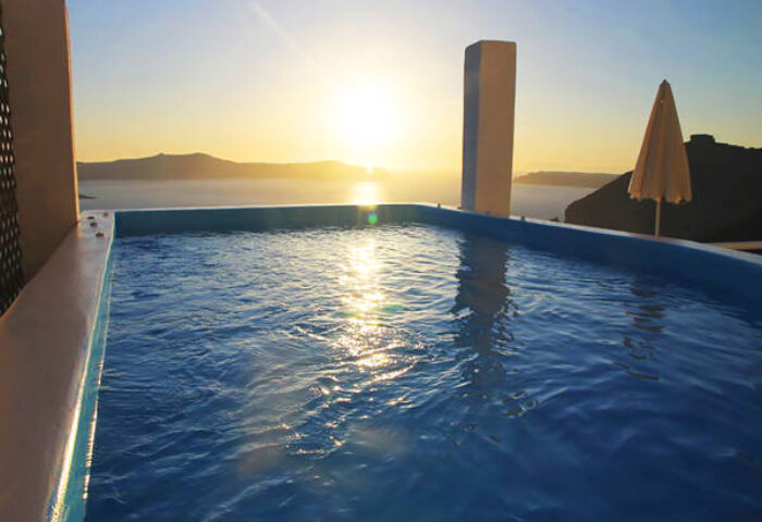 Sunset view from Keti Hotel's pool, a gay-friendly hotel. Perfect for gay men's travel, offering a relaxing and inclusive experience.