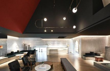 Kimpton Da An Hotel lobby. Modern interior design, seating areas, and unique lighting. Gay-friendly hotel in Taipei, Taiwan.