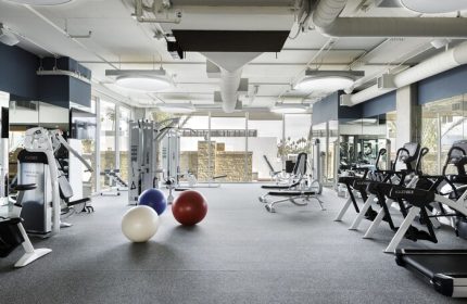 Kimpton Rowan Palm Springs Hotel gym. Fitness center with exercise equipment, weights, and exercise balls. Gay-friendly hotel for gay men's travel.