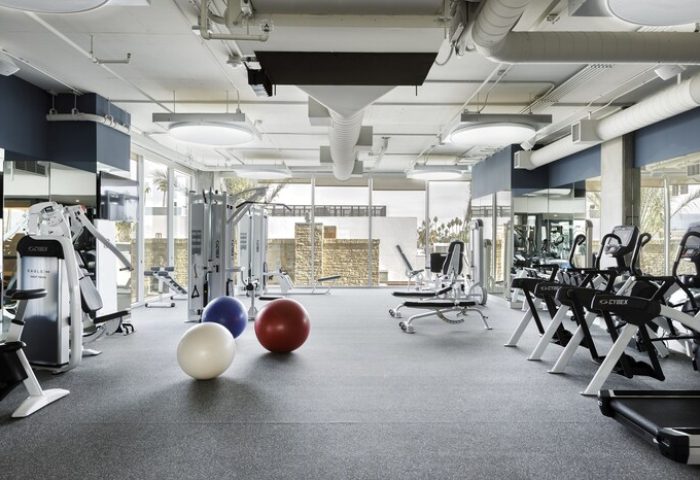 Kimpton Rowan Palm Springs Hotel gym. Fitness center with exercise equipment, weights, and exercise balls. Gay-friendly hotel for gay men's travel.