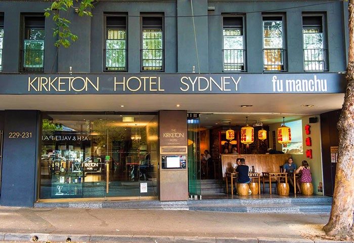 Kirketon Hotel Sydney facade. Gay-friendly hotel with Fu Manchu restaurant. Boutique accommodation for gay men travelers. Potts Point, Sydney.