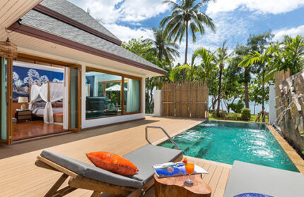 Krabi Resort Pool Villa, a gay-friendly hotel. Private pool, deck chairs, and bedroom view. Tropical getaway for gay travelers.