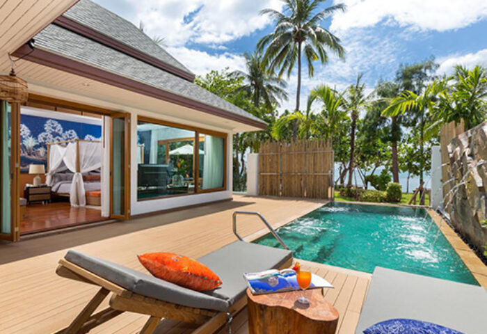 Krabi Resort Pool Villa, a gay-friendly hotel. Private pool, deck chairs, and bedroom view. Tropical getaway for gay travelers.