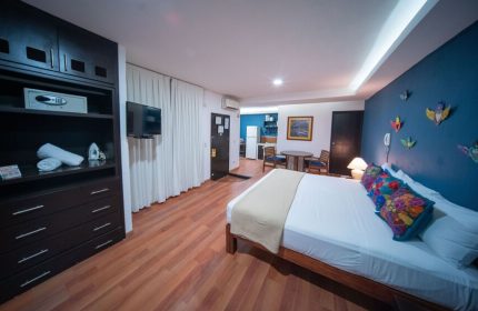 La Iguana Vallarta LGBT adults-only hotel room in Romantic Zone. Bed, kitchenette, blue wall with art, closet with safe. Party, clubbing.