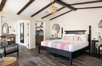La Serena Villas, A Kirkwood Collection Hotel bedroom. Gay-friendly hotel with bed, bathroom, and kitchenette. Palm Springs travel.