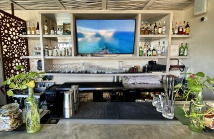 Layla Tulum Adults Only gay-friendly hotel bar. Shelves of liquor, glassware, TV, plants, and bar tools. Tulum travel advice.