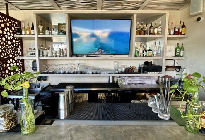Layla Tulum Adults Only gay-friendly hotel bar. Shelves of liquor, glassware, TV, plants, and bar tools. Tulum travel advice.