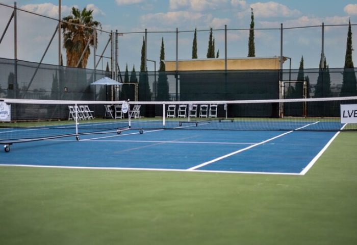 Tennis court at Le Parc at Melrose, a gay-friendly hotel. Outdoor blue court, net, chairs, palm trees. Melrose hotel amenity.