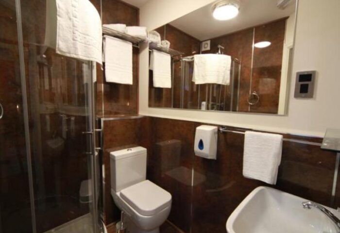 Bathroom at Gay-Friendly Le Ville Hotel: Shower, toilet, sink, and mirror. Brown walls and white towels. Ideal for gay men's travel.