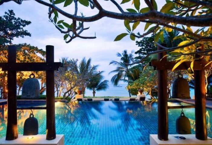 Le Vimarn Cottages & Spa pool view. Gay-friendly hotel with ocean view. Tropical getaway for gay men travel. Luxury spa resort.