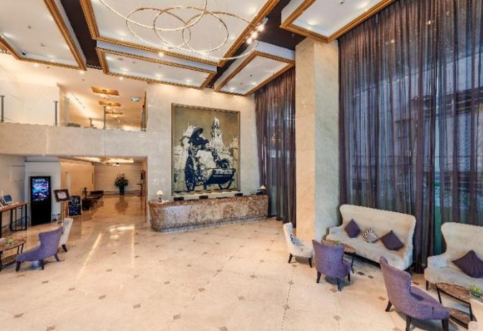 Liberty Central Saigon Centre Hotel lobby. Gay-friendly hotel in Ho Chi Minh City, Vietnam. Luxury interior, seating area.
