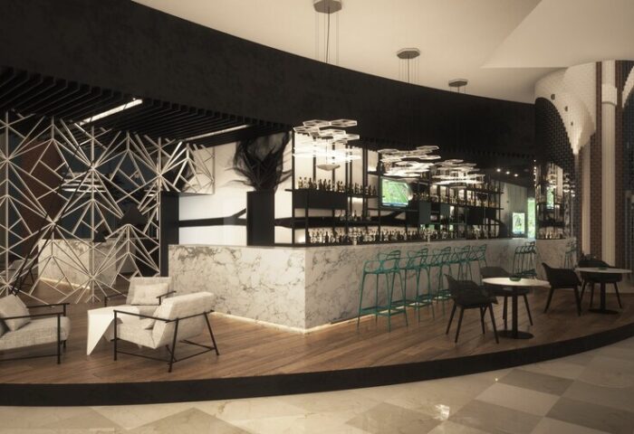 Live Aqua Beach Resort Cancun bar area. Adults-only, all-inclusive gay-friendly hotel with modern design, seating, and a well-stocked bar.