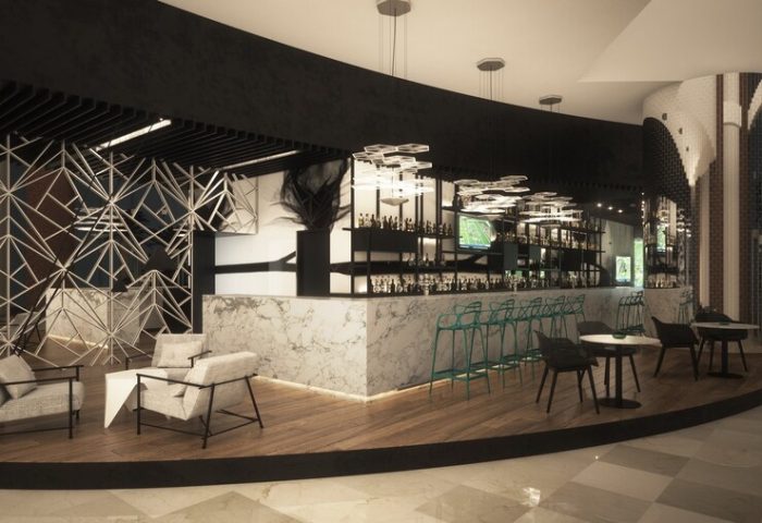Live Aqua Beach Resort Cancun bar area. Adults-only, all-inclusive gay-friendly hotel with modern design, seating, and a well-stocked bar.