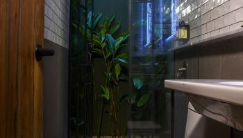 Loba Tulum Male Only gay-friendly hotel bathroom with toilet, sink, shower, and plants visible through a glass door. Tulum gay travel.