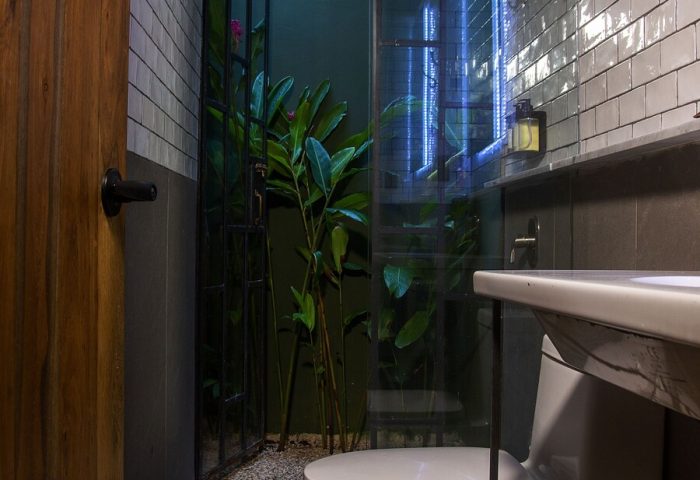 Loba Tulum Male Only gay-friendly hotel bathroom with toilet, sink, shower, and plants visible through a glass door. Tulum gay travel.