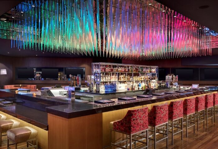 Luxor Hotel's bar with colorful ceiling decor. A gay-friendly hotel, it's a great spot for gay men's travel, offering a welcoming atmosphere.