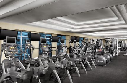 Luxor Hotel's gym, a gay-friendly hotel. Cardio machines, treadmills, and weights. Fitness center at the Luxor Hotel.