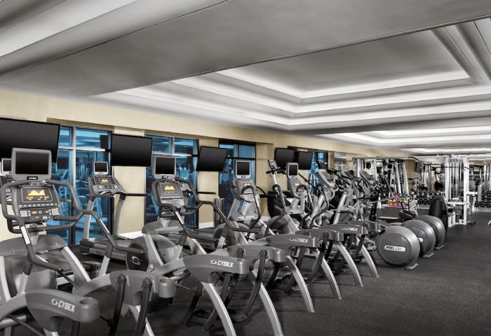 Luxor Hotel's gym, a gay-friendly hotel. Cardio machines, treadmills, and weights. Fitness center at the Luxor Hotel.