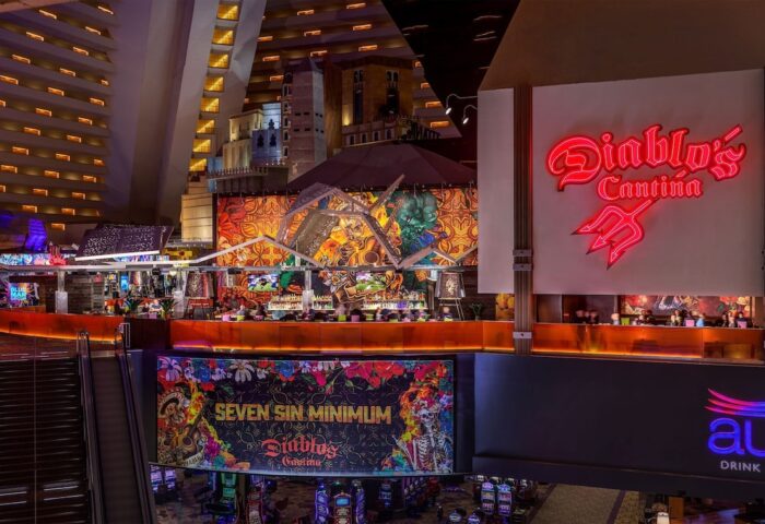 Luxor Hotel's Diablo's Cantina. Gay-friendly hotel bar with vibrant decor, escalators, and a lively atmosphere. A great spot for gay travelers.