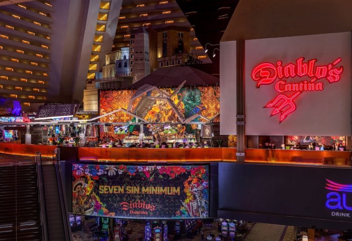 Luxor Hotel's Diablo's Cantina. Gay-friendly hotel bar with vibrant decor, escalators, and a lively atmosphere. A great spot for gay travelers.