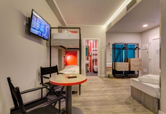 MEININGER Roma Termini gay-friendly hotel room. Bunk beds, TV, table, & chairs. Bathroom with red & white stripes. Modern, clean design.
