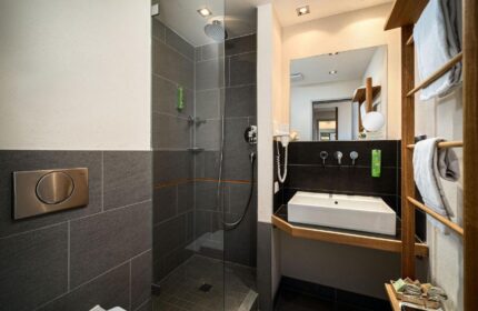 Mainhaus Stadthotel Frankfurt bathroom. Gay-friendly hotel shower, sink, mirror, and towel rack. Modern design, comfortable for gay travelers.