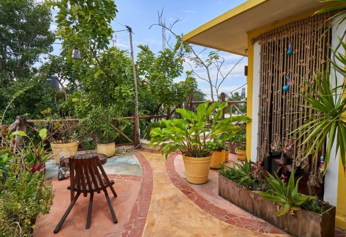 Maison Tulum gay-friendly hotel patio. Lush greenery, potted plants, and a wooden chair create a relaxing outdoor space. Rustic decor and vibrant colors.