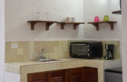 Maison Tulum gay-friendly hotel kitchenette. Sink, microwave, coffee maker, and mini-fridge on the counter. Shelves with glasses and mugs.