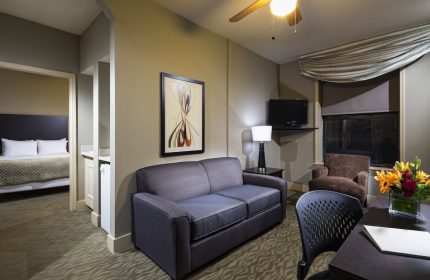 Majestic Hotel Chicago suite. Gay-friendly hotel room with sofa, bed, desk, and TV. Comfortable lodging for gay travelers in Chicago.