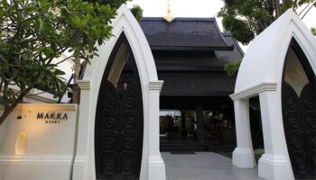Makka Hotel entrance. Gay-friendly hotel's facade with unique architecture. A welcoming destination for gay travelers.