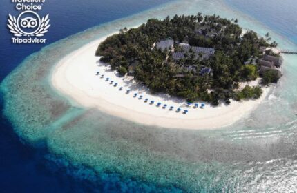 Aerial view of Malahini Kuda Bandos Resort, a gay-friendly hotel. White sand beach, blue umbrellas, and turquoise water surround the island.