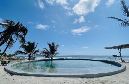 Maya Tulum By G Hotels: Round pool at this gay-friendly hotel. Beachfront view with palm trees. Ideal for gay men's travel.