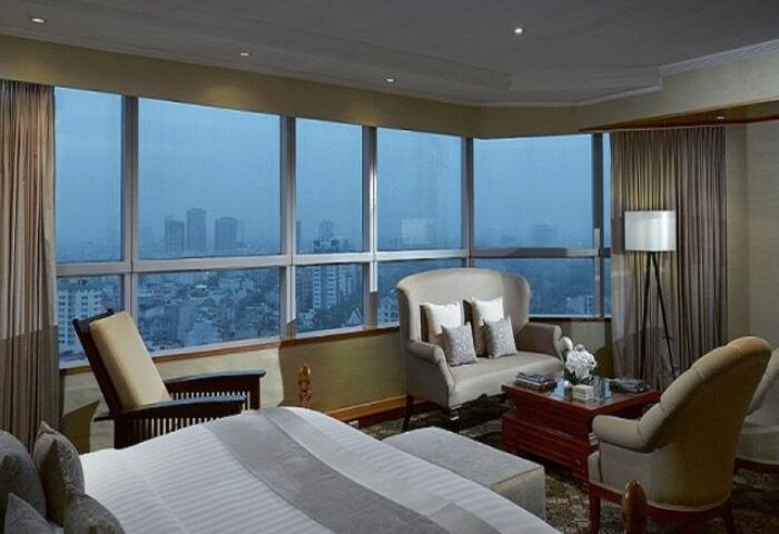 Melia Hanoi Hotel room view. Gay-friendly hotel in Hanoi, Vietnam. Modern room with city view. Luxury travel for gay men.
