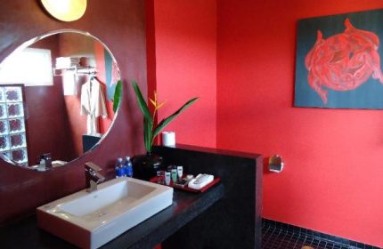 Bathroom at gay-friendly men's resort & spa. Red walls, modern sink, and tropical flower. A relaxing getaway for gay travelers.