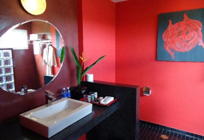 Bathroom at gay-friendly men's resort & spa. Red walls, modern sink, and tropical flower. A relaxing getaway for gay travelers.