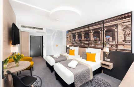 Mercure Budapest City Center Hotel room. Gay-friendly hotel with twin beds, modern decor, and a city view mural. Ideal for gay travelers.