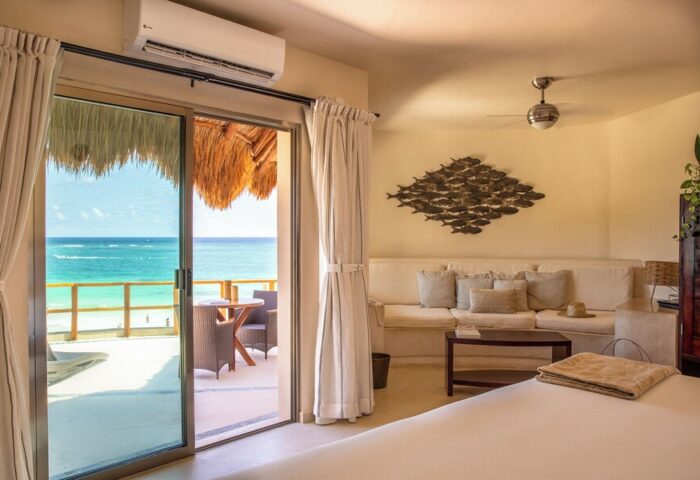 Mezzanine a Colibri Boutique Hotel-Adults Only room with ocean view. Gay-friendly hotel with balcony. Tulum, Mexico.