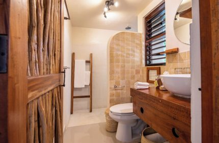 Bathroom at Mezzanine a Colibri Boutique Hotel-Adults Only. Gay-friendly hotel with rustic wood door, tiled shower, and modern sink.