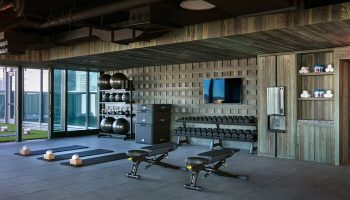 Moxy Downtown Los Angeles gay-friendly hotel gym. Weights, benches, yoga mats, and fitness balls are available for hotel guests.