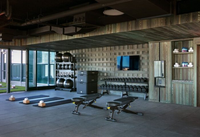 Moxy Downtown Los Angeles gay-friendly hotel gym. Weights, benches, yoga mats, and fitness balls are available for hotel guests.