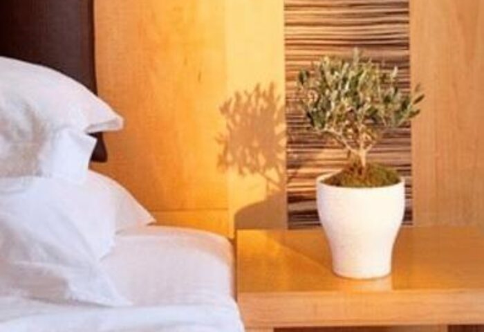 Myconian Korali Relais & Chateaux gay-friendly hotel detail: bedside table with potted olive tree, next to crisp white hotel bed linens.