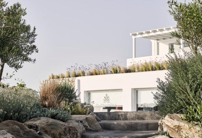 Myconian Kyma Design Hotel detail. Gay-friendly hotel architecture with white walls, stone accents, and lush greenery. Mykonos travel.