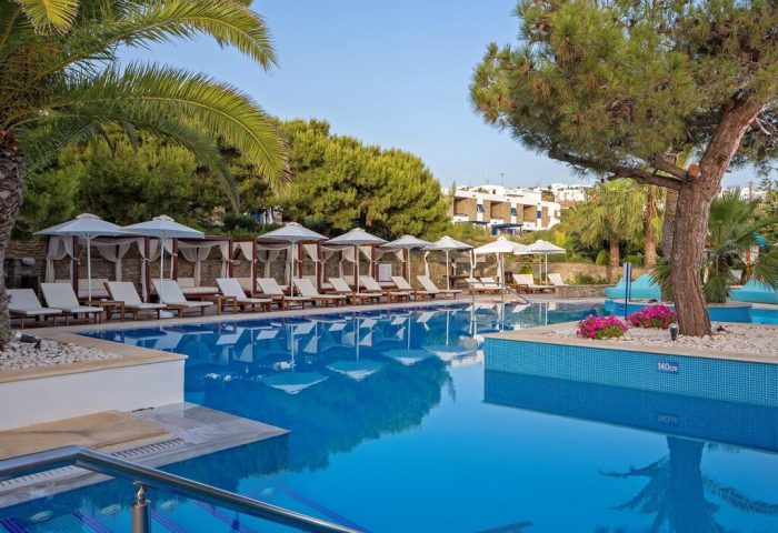 Mykonos Theoxenia gay-friendly hotel pool. Loungers with canopies line the pool. Palm trees, flowers, and clear blue water offer a relaxing vibe.