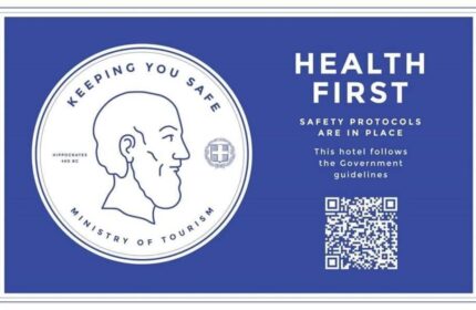 Gay-Friendly Hotel Mythical Blue Luxury Suites health & safety protocols. Hippocrates seal of approval, QR code for government guidelines.