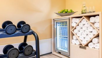 NH Collection Frankfurt City gym. Dumbbells, water bottles, and rolled towels. Gay-friendly hotel fitness center amenities.