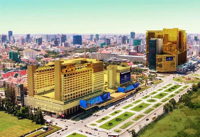 NagaWorld Hotel & Entertainment Complex, a gay-friendly hotel in Phnom Penh. Golden towers rise above the city skyline. Great for gay travel.