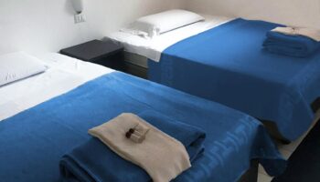 New Generation Hostel Milan Center gay-friendly hotel room. Twin beds with blue blankets and white linens. Travel accommodation.