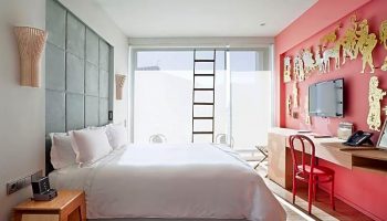 Gay-friendly New Hotel room with modern decor, white bedding, pink accent wall with golden figures, and a ladder leading to a rooftop.