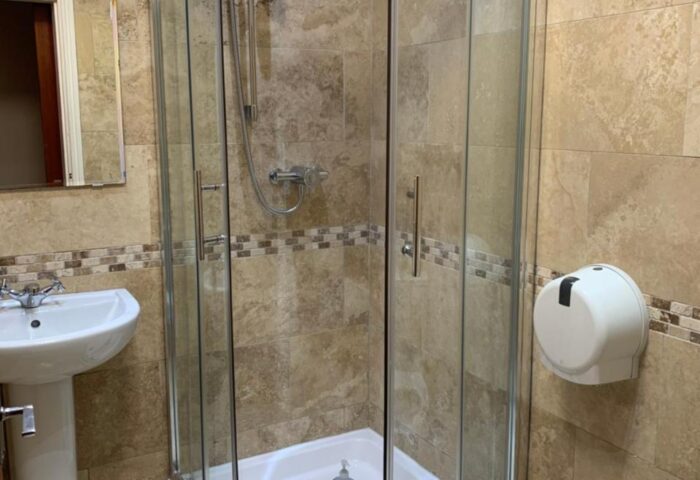 Bathroom at New Union Guesthouse, a gay-friendly hotel. Features a glass shower, sink, toilet, and neutral tile, offering a clean, modern space.