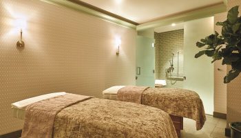 NoMad Las Vegas gay-friendly hotel spa. Two massage beds with brown covers, a shower room with green tiles, and a potted plant. Relaxing!